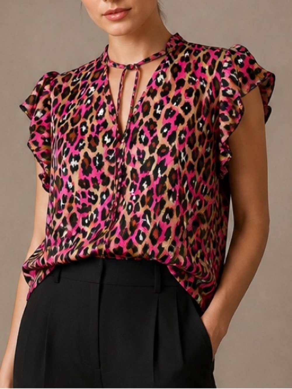 Pink Leopard Print Short Sleeve Blouse with V-Neck Tie